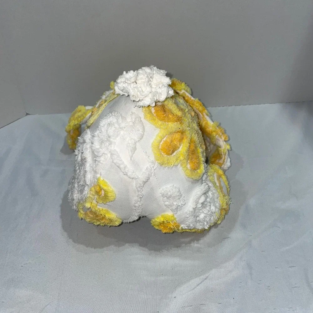 Vintage Chenille Bunny Rabbit Plush Yellow Floral Tufted Stuffed Animal Easter